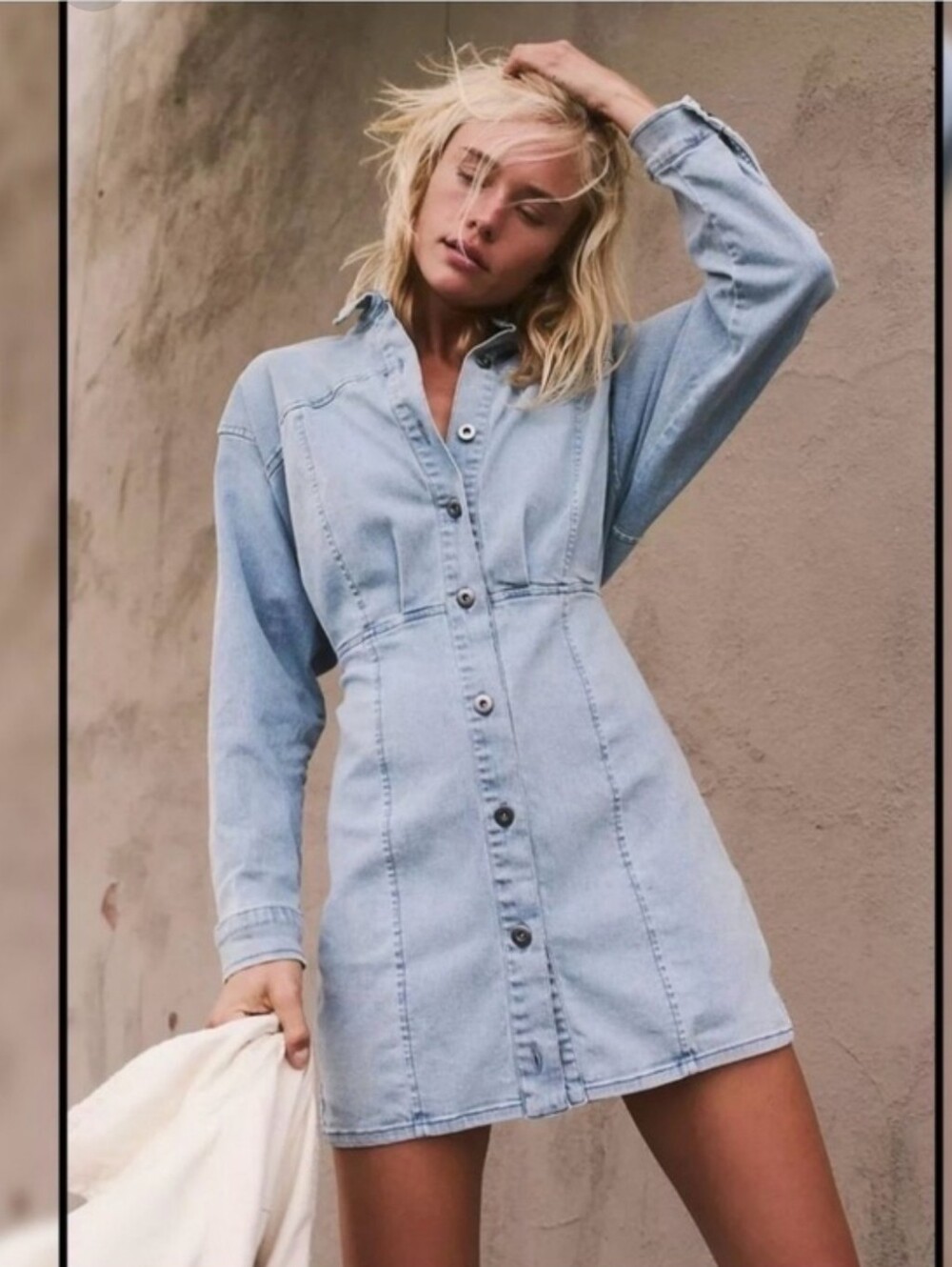 Free People Nwot Longsleeve Lightwash Stretch Denim Shirtdress Button Front